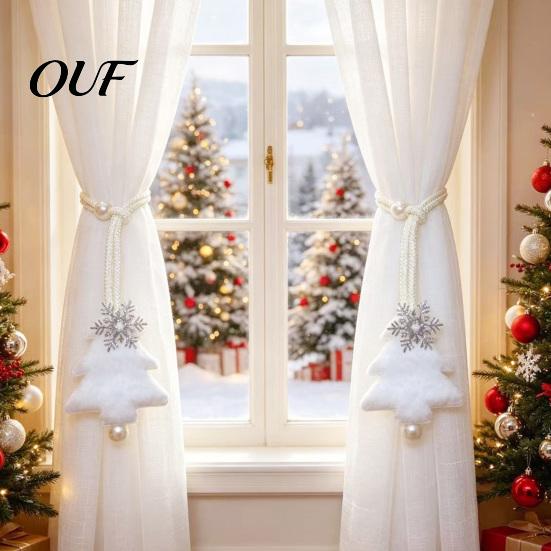Christmas Themed Room Decor Tree Curtain Tieback with Snowflake Pearl Decor, Fabric Xmas Festive Gauze Accessories Drape Holder, Adjustable