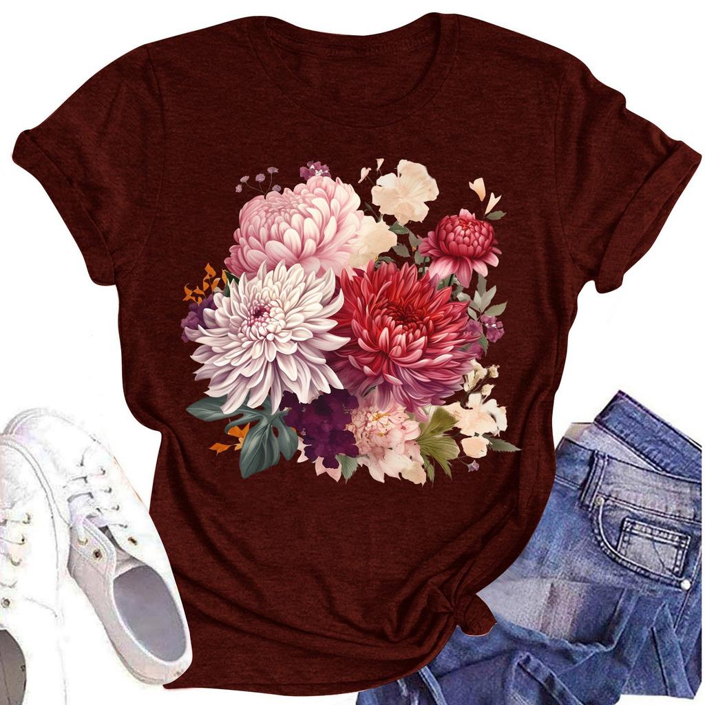 Women's Casual Round Neck Floral Print Short Sleeve T-Shirt Top