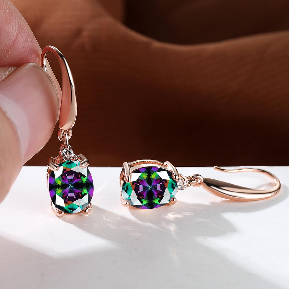 Aqua Blue Zircon Drop Earrings for Women Rainbow Crystal Oval Stone Rose Gold Hook Earrings Wedding Jewelry Gifts