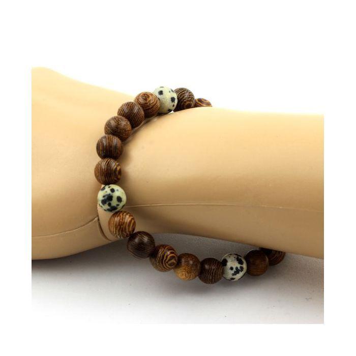 Stones and Minerals. Bracelet Dalmatian Jasper Beads + Wood 8 Mm. Made In France.