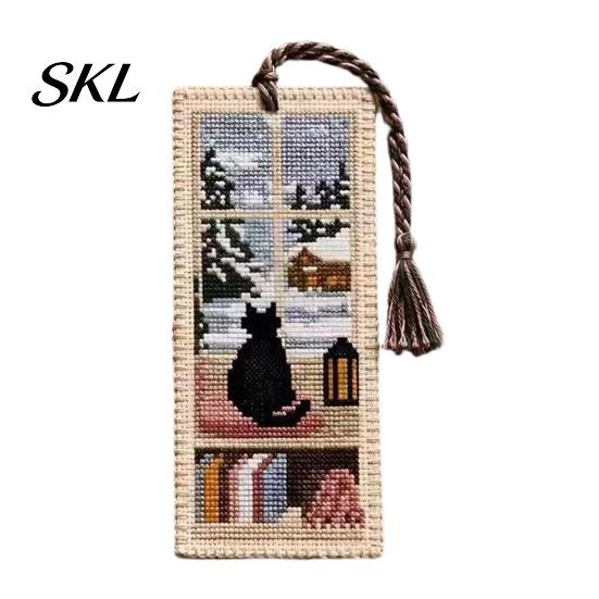 Dialogue with Past Bookmark DIY Stitch Kit for Adults Beginners, Seasonal Cat Handmade Embroidery Kit, Gifts Lovers, Readers Warm Atmosphere