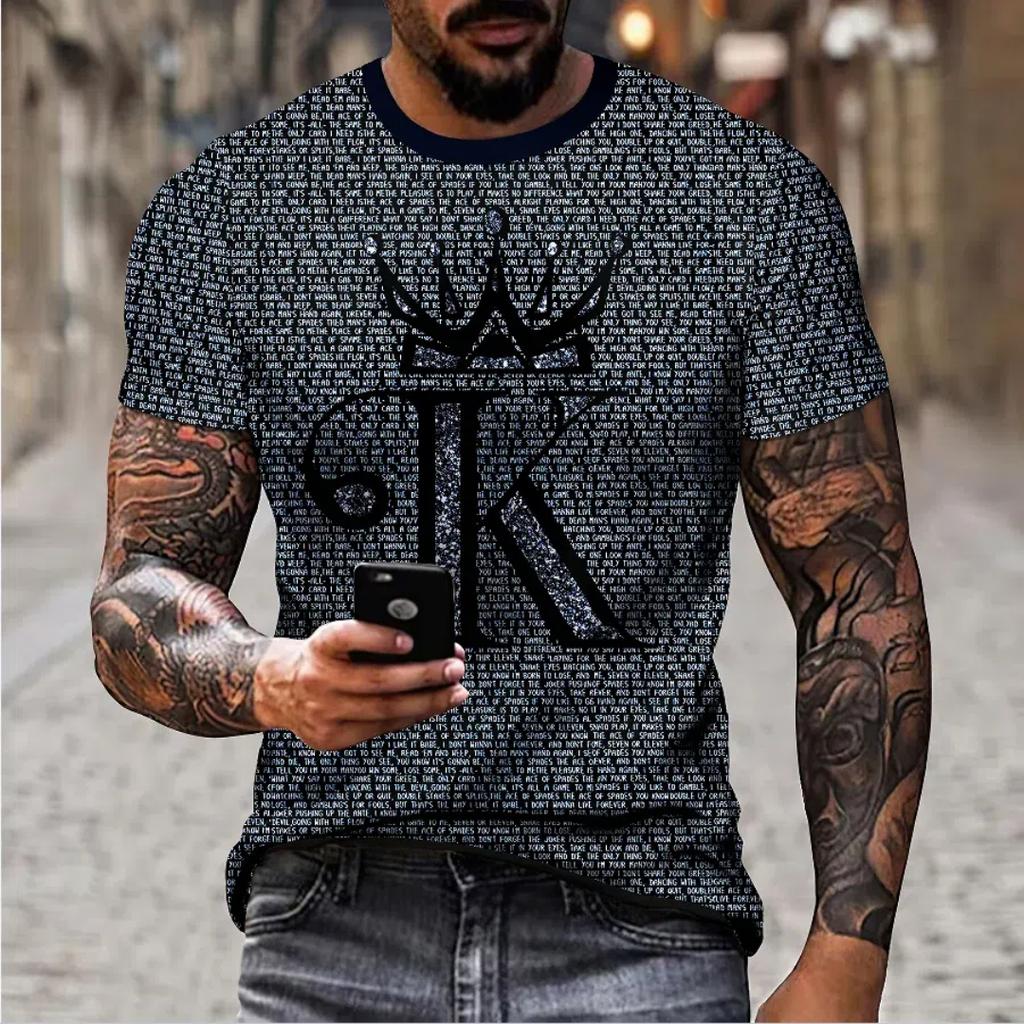 Men's Casual Short Sleeved T-shirt with Round Neck KING Pattern Printed Top T-shirt for Men's Street Wear