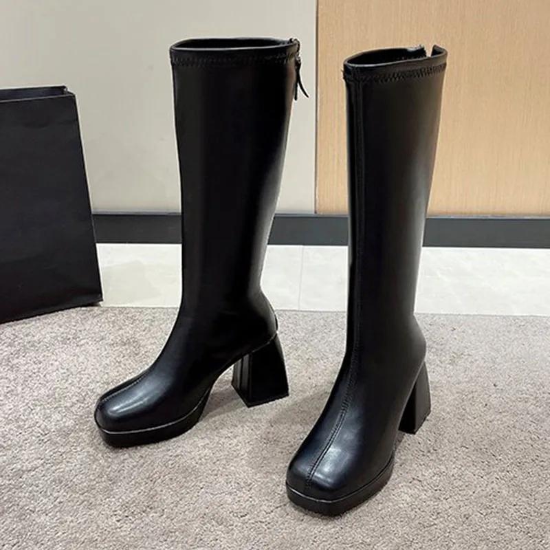 New Knee High Boots Women Square Heels Casual Winter Long Boot Shoes Ladies Designer Round Toe Zip Fashion Cool Knight Bootties