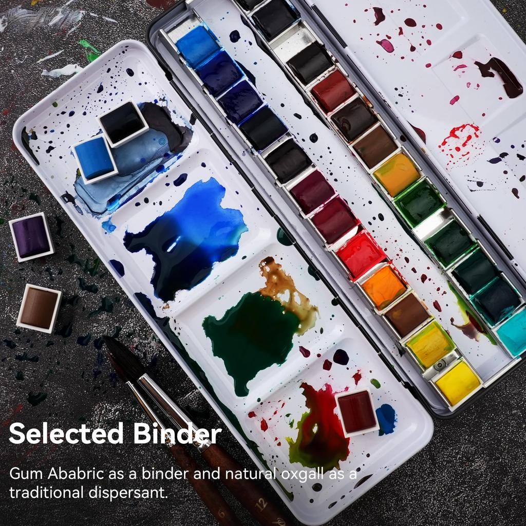 PHOENIX Набор профессиональных акварельных красок 24 цвета полукюветы Профессиональное качество Пигментные акварели в жестяной коробке с палитрой Компактный Портативный для путешествий