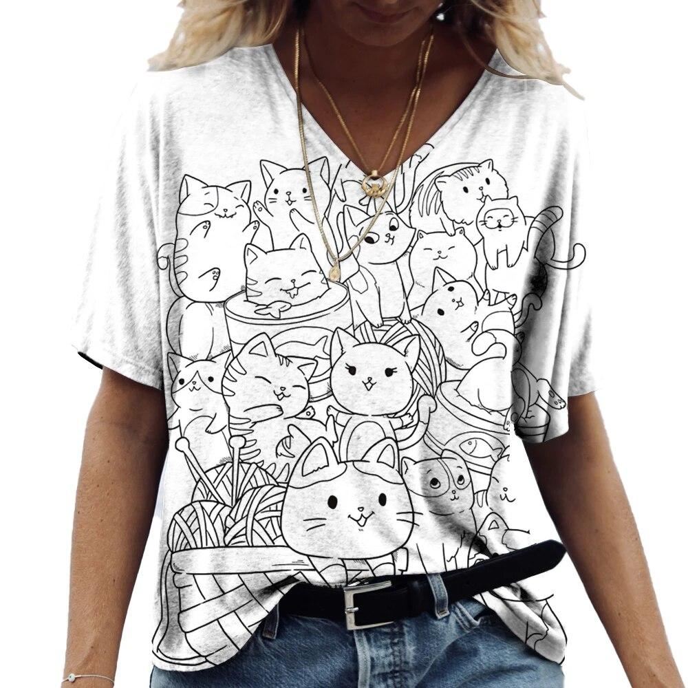 Женская футболка с рисунком котенка в стиле аниме, одежда с принтом для девочек, блузка с v-образным вырезом, пуловер в стиле Харадзюку, летние футболки большого размера с короткими рукавами