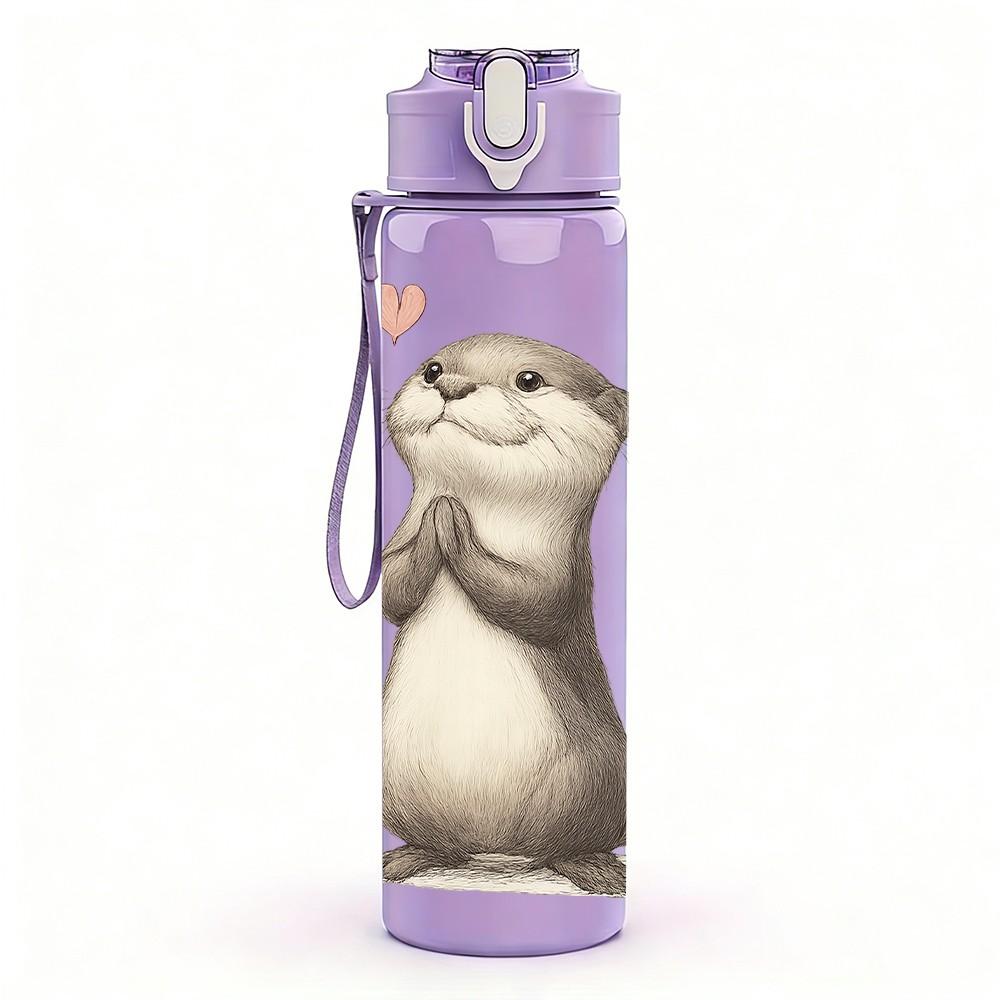 1PC Cute Otter Heart Bust Print 750ml Color Plastic Sports Water Bottle Leakproof Flip Straw Lid For Sports Office Home Use