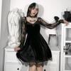 Лоскутное готическое платье женское Y2k винтажное бархатное А-силуэт юбка длинный рукав с оборками мини-платье праздничное