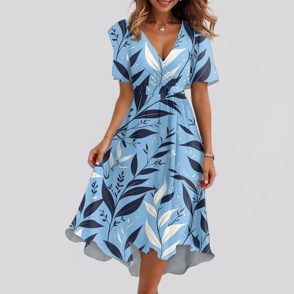 Женское свободное повседневное платье с V-образным вырезом, расклешенная юбка, короткие рукава, напечатанное платье с принтом