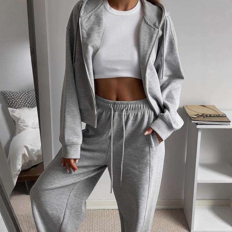 Womens Zip-Up Hooded Sporty Two-Piece Set With Drawstring Pants Casual Streetwear Outfit
