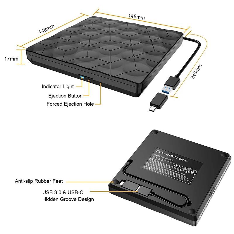 Внешний DVD-плеер USB3.0 Type-C CD VCD-рекордер и считыватель для ноутбуков, настольных ПК, Mac, Windows, Linux, iOS, медиаплееры Аудио Видео