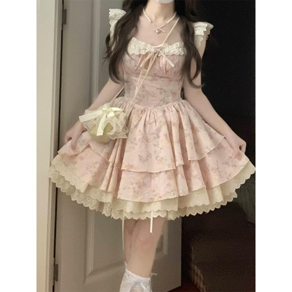 French Sweet Spice Girl Waist Princess Dress Small Summer Beautiful Princess Feifei Sleeve Cake Fluffy Short Dress