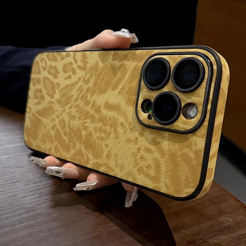 Роскошный кожаный чехол для телефона с ярким леопардовым принтом для iPhone 16 15 14 Plus 13 12 11 Pro Max Мягкий бампер Матовый противоударный чехол