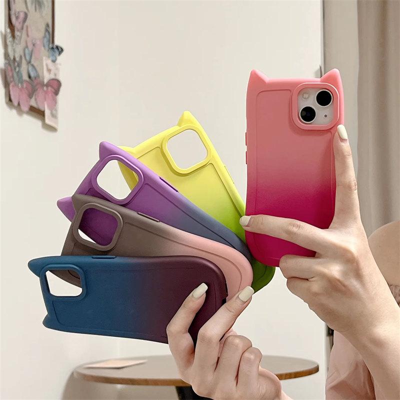 Стильный чехол с милыми кошачьими ушками и градиентом для iPhone 15 14 13 12 11 Pro Max XS X XR 7 8 Plus, мягкая матовая силиконовая задняя крышка