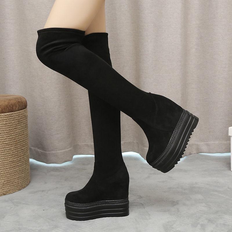 Fashion Shoes for Women Wedge Heel Sock Thigh High Above Over The Knee Very Elastic Ladies Boots Black Footwear Sale Gyaru New In Gothic