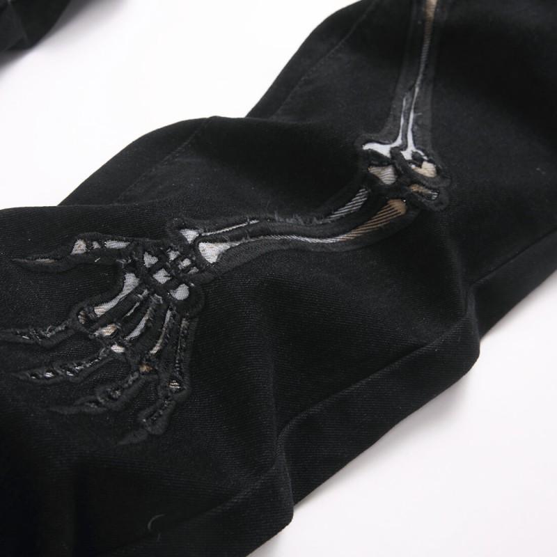 Black High Street Youth Skinny Fit Flared Jeans With Skull Embroidery Patch Slim Leg Denim Pants Men