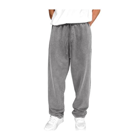 Men Sport Pants Wide Leg Drawstring Elastic Waist Pure Color Sweatpants Full
