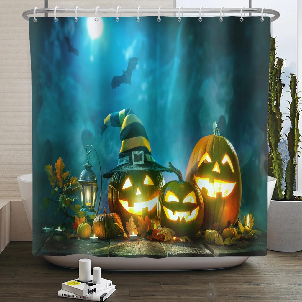 Хэллоуин Занавеска для душа Ужас Лунная ночь Тыква Череп Скелет Страшный Замок Ведьма Призрак Кладбище Водонепроницаемые Занавески для ванной