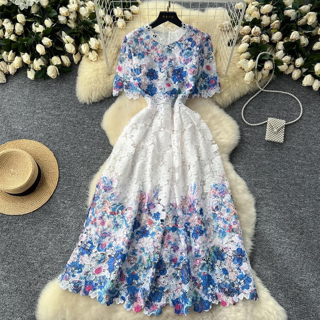 Элегантное длинное платье French Chic для женщин, вязаное крючком, ажурное кружевное, цветочное, женское платье с круглым вырезом, с коротким рукавом, Vestidos, дропшиппинг