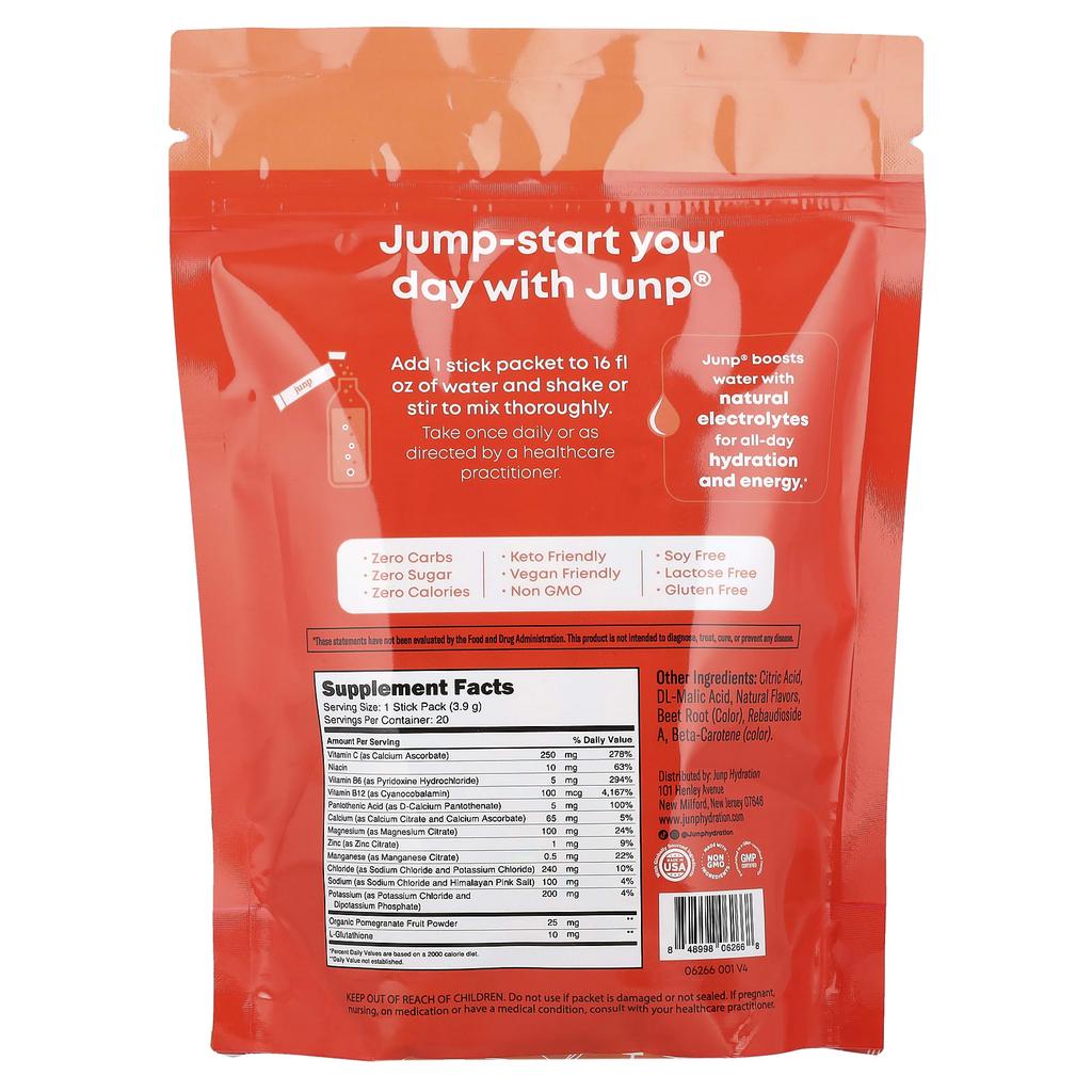 JUNP Hydration Electrolyte Powder Mix, Peach, 20 Stick Packs, 3.9g (0.14oz) Each
