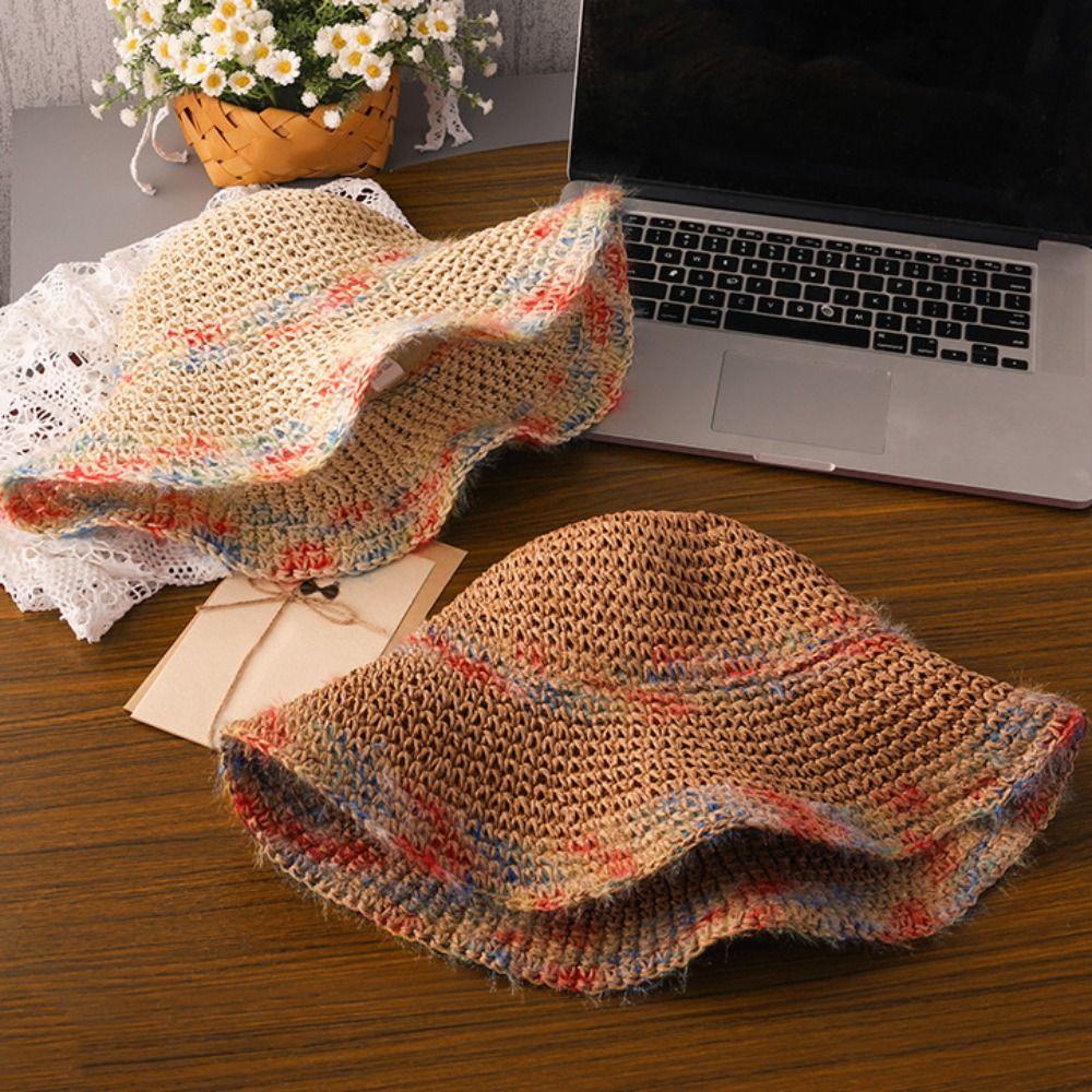 Foldable Wide Brim Straw Hat Colorful Women's Sun Visor Hats Casual Weave Bucket Hat Holiday