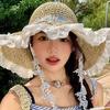 Breathable Big Brimmed Straw Hat with Garland Woven Sun Cap Vacation Beach Cap  Masquerade