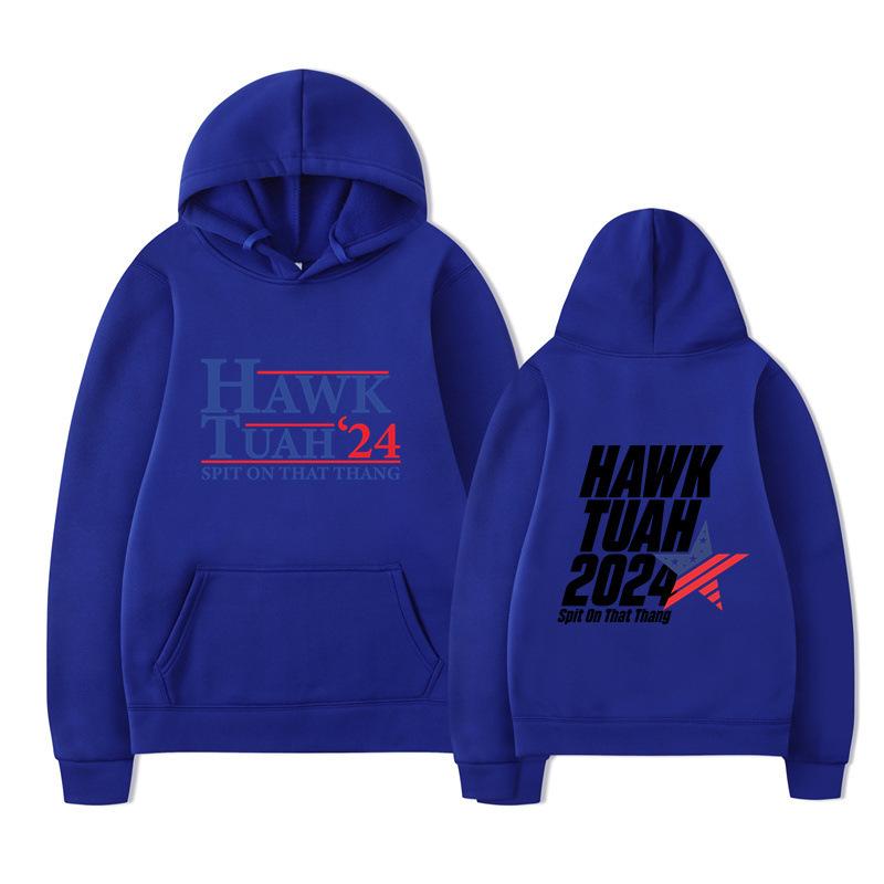 Hawk Tuah 2024 Hoodie – Unisex Black Fleece Lined Sweatshirt, "Spit On That Thang" Election Parody & USA Flag Graphic, Cozy Fall Winter Pullover