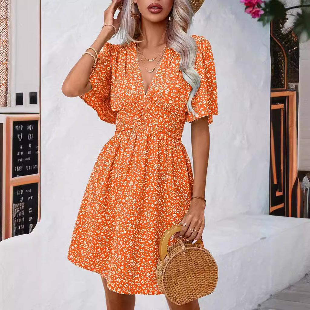 YYFS Women's Fashion Summer Spring Flower Pattern Print Short Sleeve V-Neck High Waist Casual Dresses