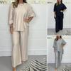 Женский повседневный костюм из хлопка и льна: топ с круглым вырезом и 3/4 рукавом и брюки