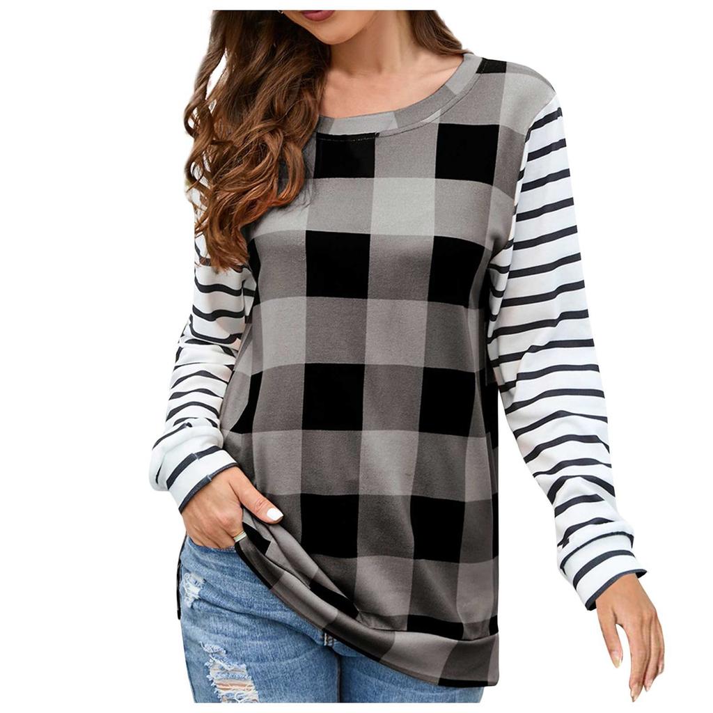 Женская модная повседневная клетчатая плюшевая футболка с круглым вырезом и длинным рукавом