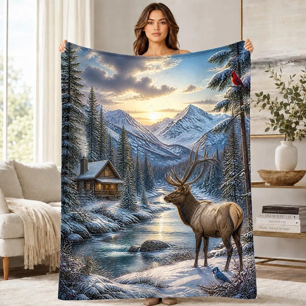 Winter Elk Cabin Landscape Coral Fleece Blanket Rustic Decor