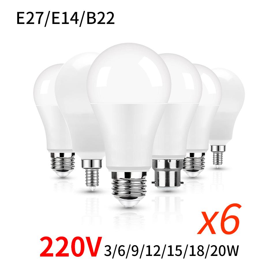 6 шт./лот E27 E14 B22 LED 220 В 3 Вт 6 Вт 9 Вт 12 Вт 15 Вт 18 Вт 20 Вт Светодиодная лампа Холодный белый Светодиодные светильники для использования в гостиной