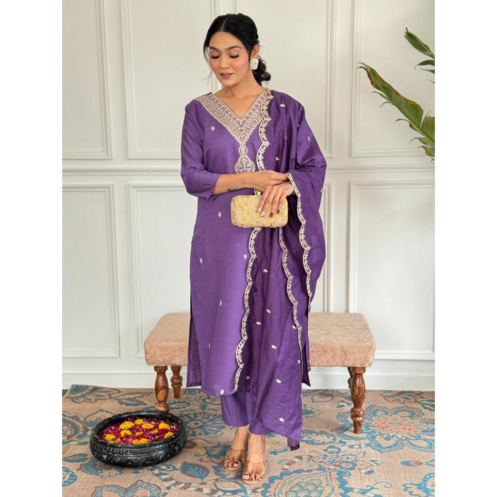 Viscose Chanderi Ethnic Kurta Set Designer Wedding Wear Kurti Pant Dupatta Set VF-1455