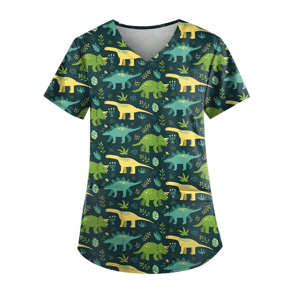 Женская одежда с мультяшным 3D-принтом и V-образным вырезом, женская рабочая одежда, топы с коротким рукавом и карманами, униформа для сиделок и медсестер