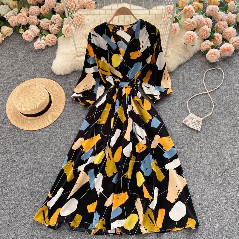 Летнее женское винтажное платье с принтом, элегантное трапециевидное платье миди с v-образным вырезом и пышными рукавами и высокой талией, женские пляжные платья для отдыха