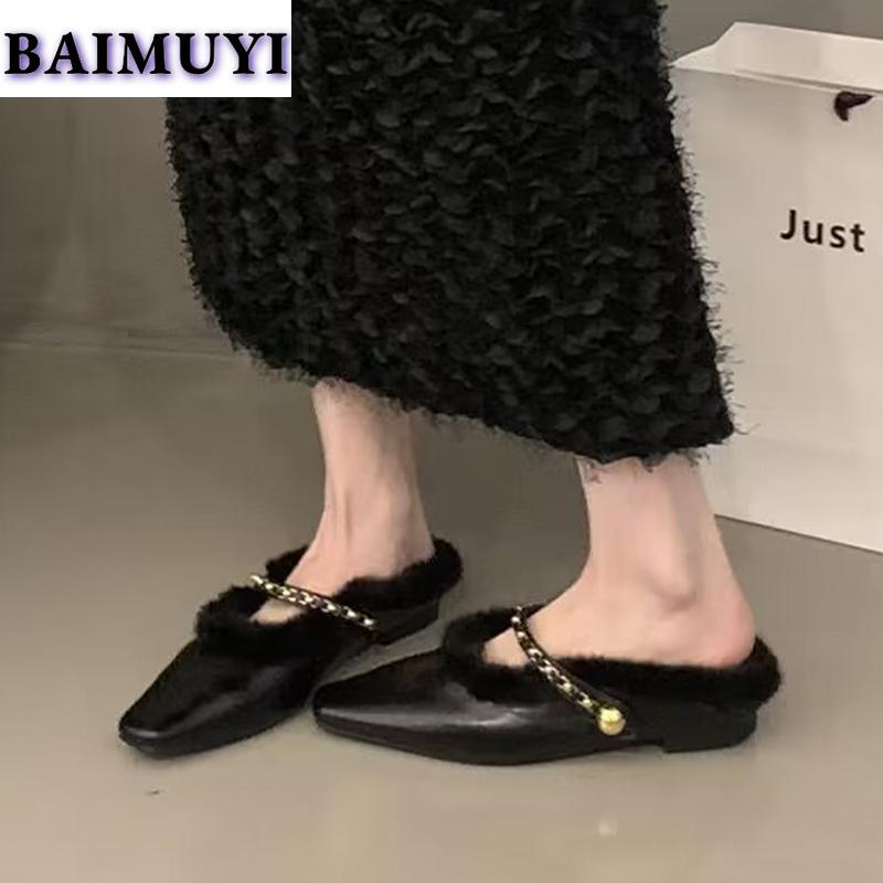 Меховые леопардовые женские мюли-тапочки с квадратным носком 2025 года, модные новые туфли на низком каблуке с открытой пяткой, зимняя обувь для активного отдыха Mujer Zapatos