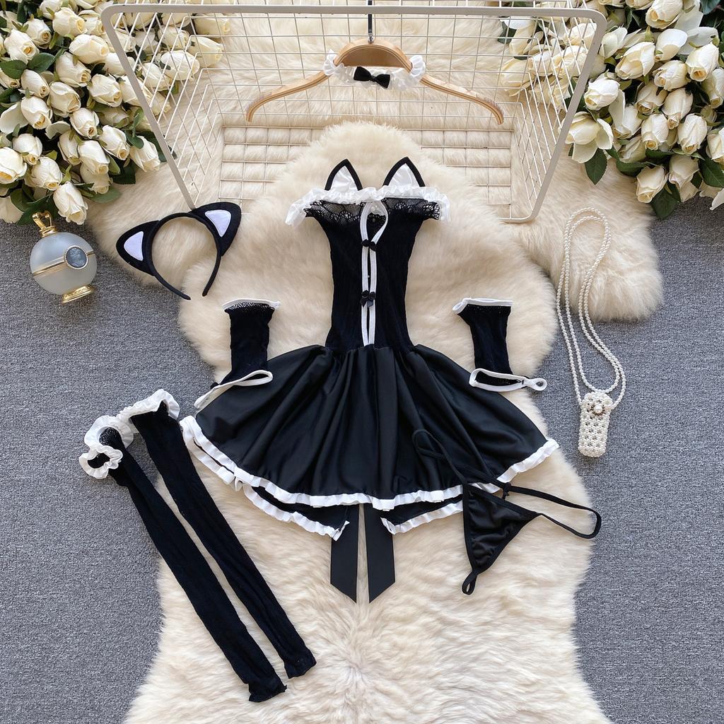Japanese Cute Cat Erotic Night Dress Women Strapless Slim Bow Backless Nightwear Playsuits Female Hollow Out Sheer Uniform Sexy Pajamas 2024