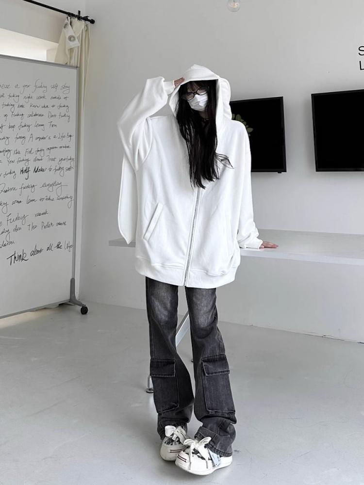 Белые кавайные толстовки на молнии с заячьими ушками, женские японские укороченные толстовки с длинными рукавами, женская одежда в консервативном стиле, осенняя одежда