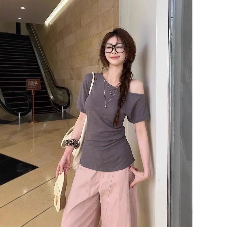 Корейская нишевая желтая облегающая футболка на одно плечо для женщин - Летний топ, подчеркивающий талию