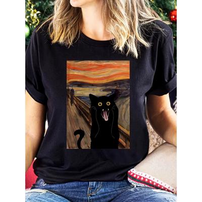 Футболка свободного покроя с принтом «Испуганный кот» из хлопка с круглым вырезом, женская, повседневная, с короткими рукавами, летняя, модная, женская, уличная, модная