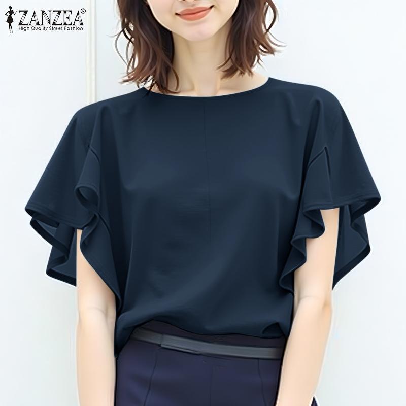 ZANZEA Женская повседневная блузка с круглым вырезом и оборками с коротким рукавом