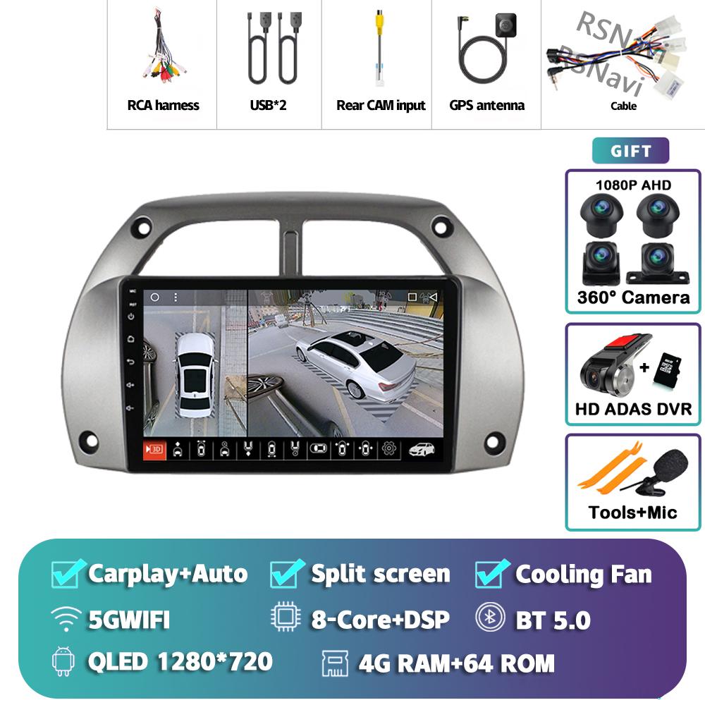 Android 14 Carplay Auto For Toyota RAV4 2001 - 2006 Stereo Car Radio Wifi+4G GPS Navigation Multimedia Player 2Din 360 Camera BT