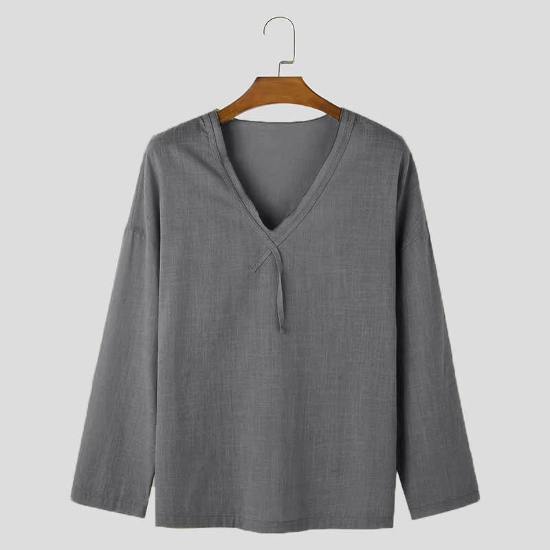 INCERUN Men Spring V Neck Long Sleeve Shirts Casual Loose Tops