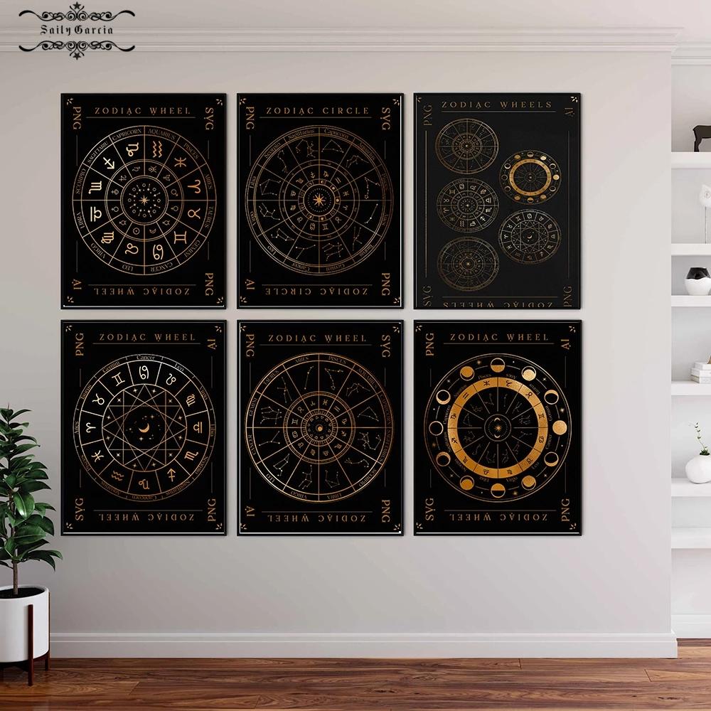 Гороскоп Гадание Плакат Астрология Зодиак Фаза Луны Символы Печатает Холст Картины Настенные Художественные Фотографии Ведьма Декор Для Гостиной