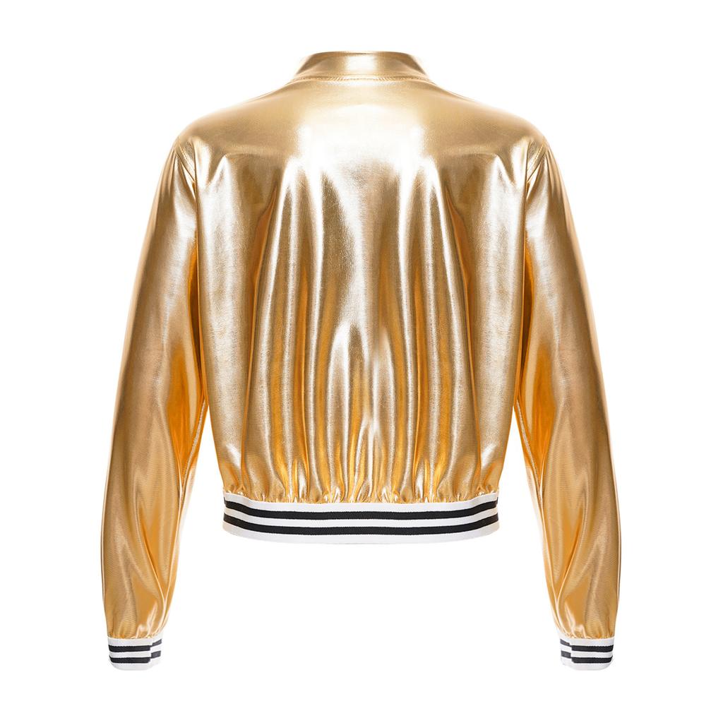 Детская блестящая бейсбольная куртка с длинными рукавами для девочек, блестящая куртка-бомбер на металлической молнии, пальто, верхняя одежда