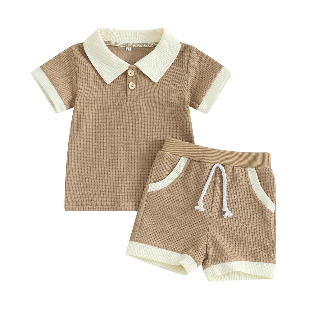Toddler Boys Summer Outfits Contrast Color Buttons Short Sleeve T-Shirts Waffle Tops Elastic Waist Shorts 2Pcs Clothes Set