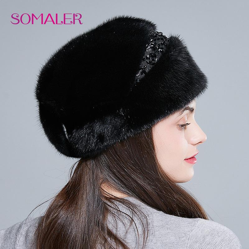 SOMALER Шапки из цельного норкового меха для женщин, зимние элегантные меховые шапки принцессы, модный стиль, теплая меховая шапка