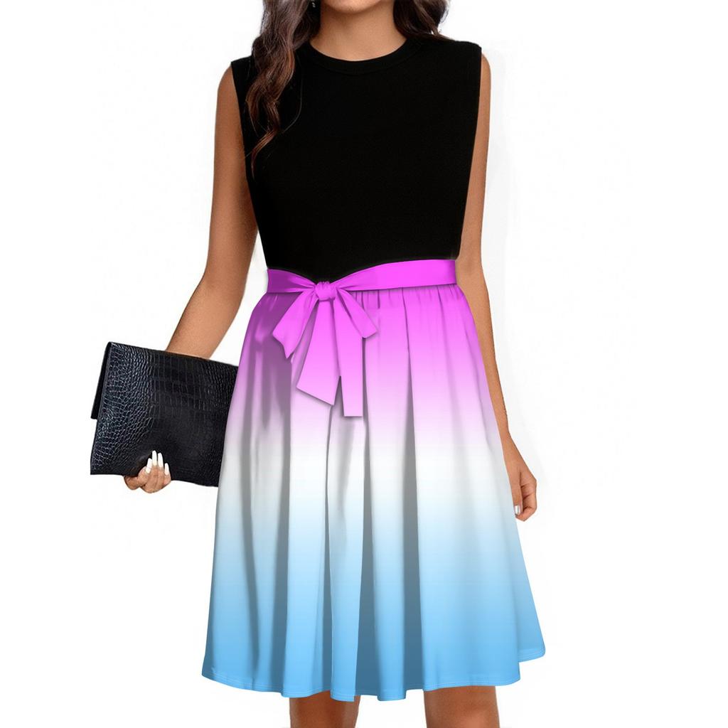 Women's Fashion Casual Lace-up Sleeveless Round Neck Splicing Short Dress