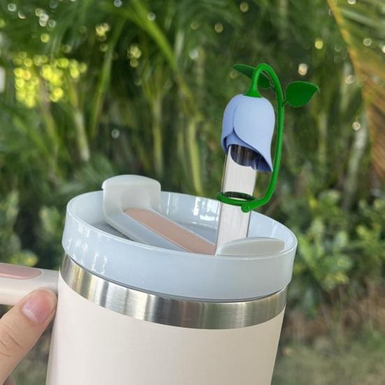 Rose Flower Straw Cover BPA Silicone Spill Reusable Dust-proof No Free 6-10MM Tumbler Straw