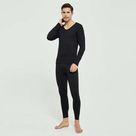 2 Pcs/Set Winter Men Thermal Underwear Set V Neck Long Sleeve Warm Thick Plush Seamless Pure Color Slim Fit Elastic Men Pajamas Set Sports Tracksuit