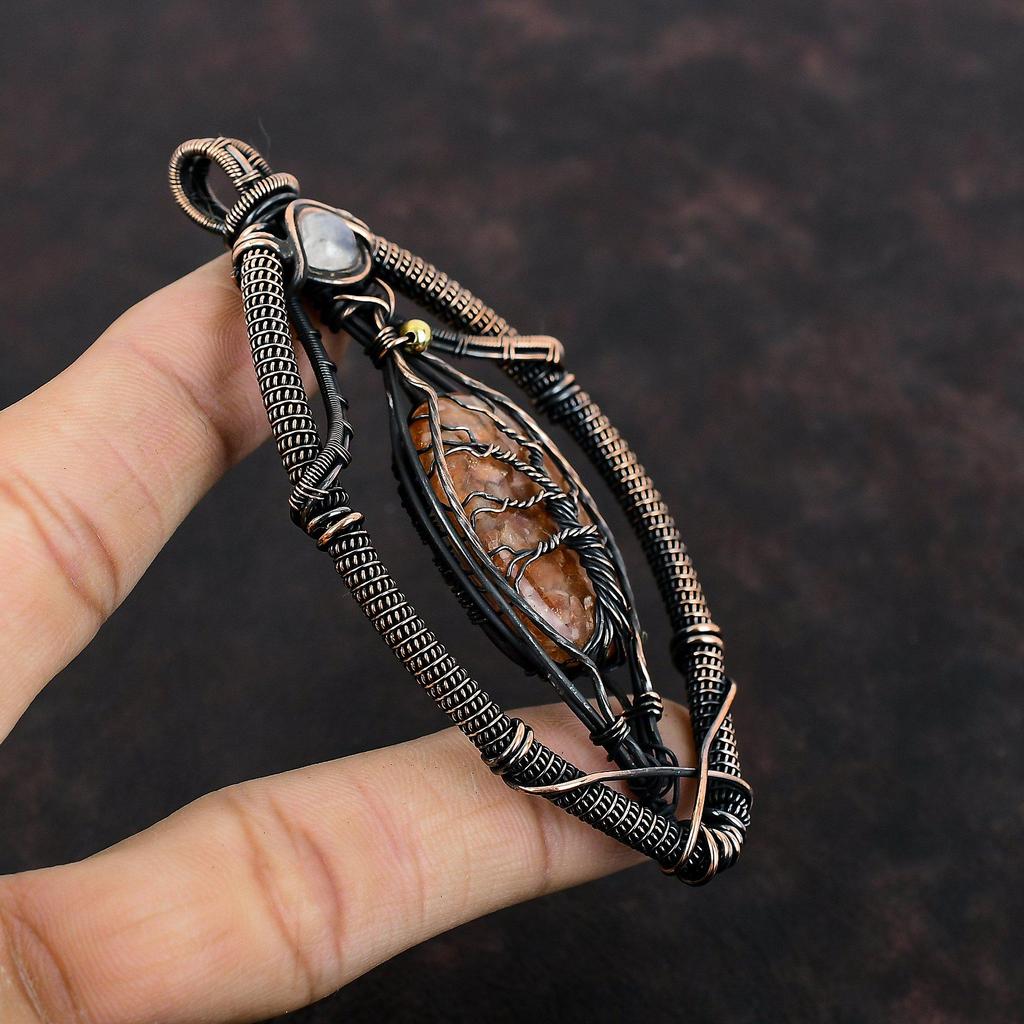 Кулон Древо Жизни с камнем Солнечный камень, обмотанный медной проволокой, кулон с Радужным лунным камнем, медные украшения, подарок на помолвку, ручная работа, удивительный кулон